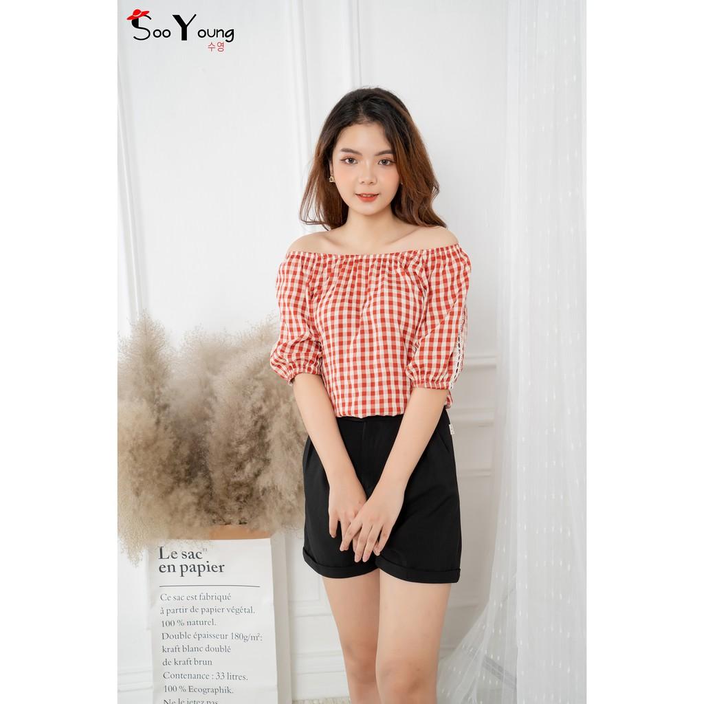 Áo Caro Trễ Vai Bo Gấu- Sooyoung- Chất Thô Kate Mềm Mịn Mát