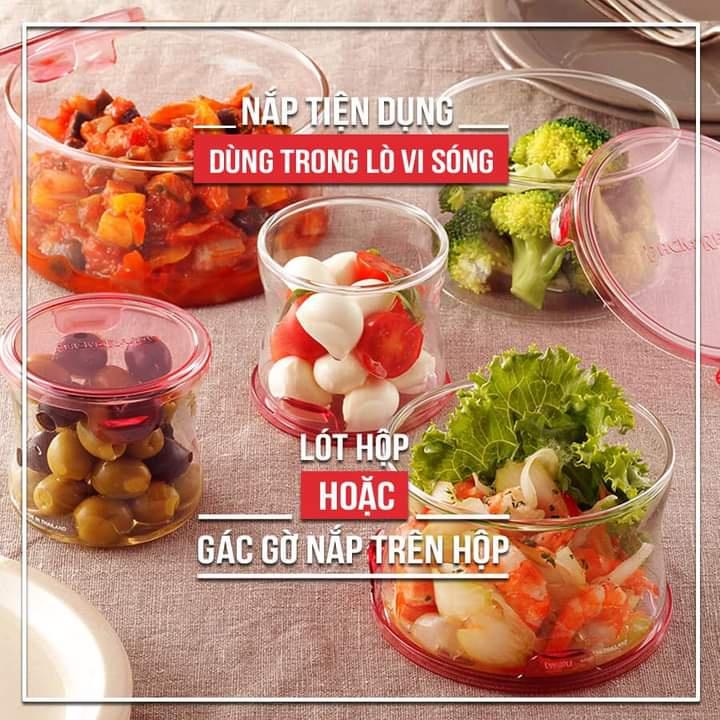 Hộp thủy tinh cao cấp chịu nhiệt nắp hít kín hơi Iwaki dùng trong lò vi sóng nắp màu hồng