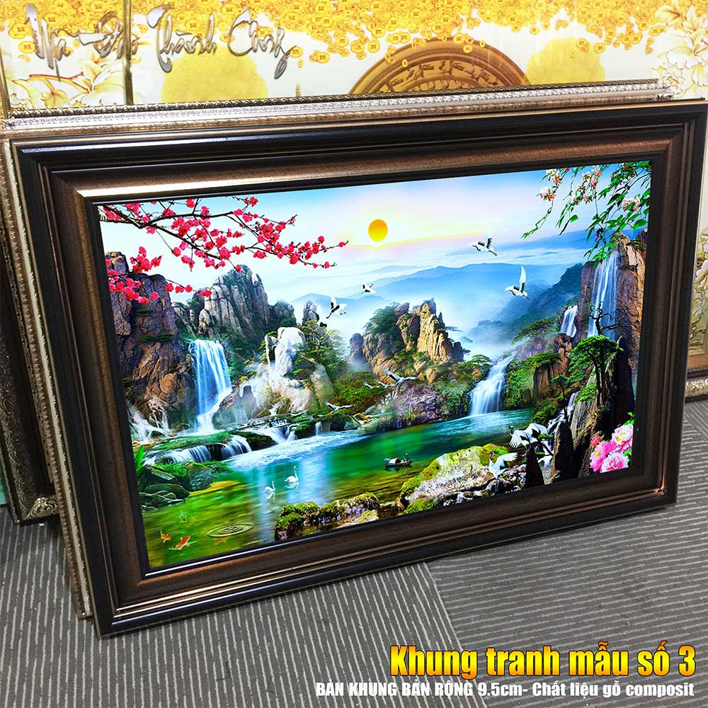 Tranh treo tường phòng khách, phòng ngủ SƠN THỦY HỮU TÌNH khung gỗ composit chất liệu pvc gương / lụa kim sa. MS:1825L9