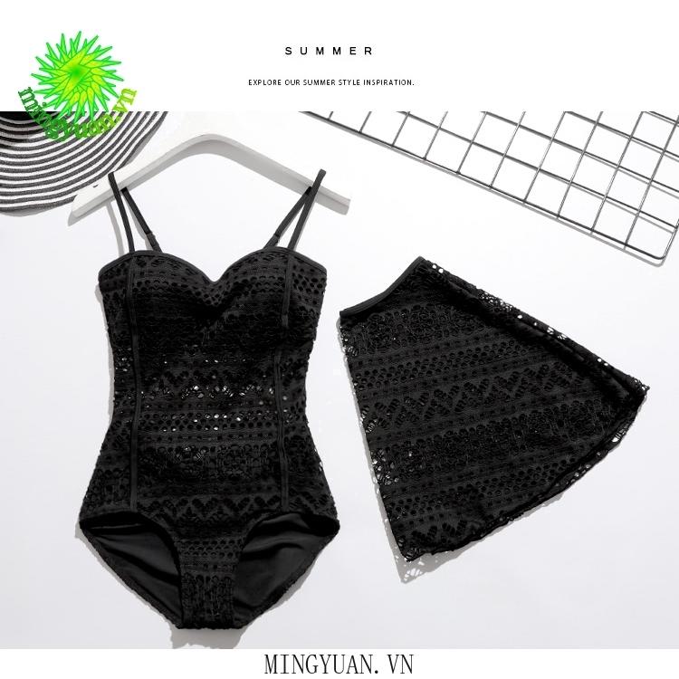 Hollow black woman bikini one-piece bikini swimwear with skirt