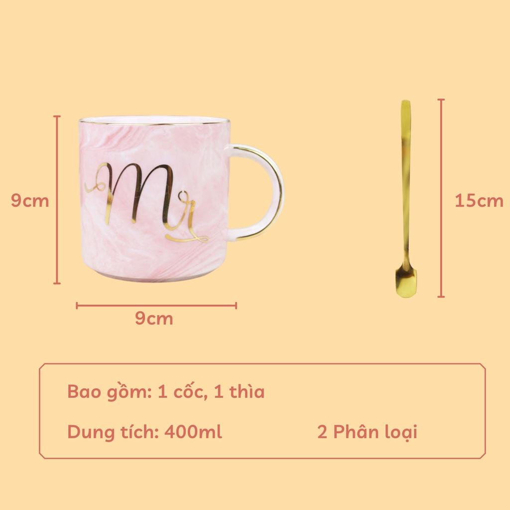 Ly cốc sứ cặp đôi 360ml quà tặng ý nghĩa, cốc uống nước kèm thìa cao cấp