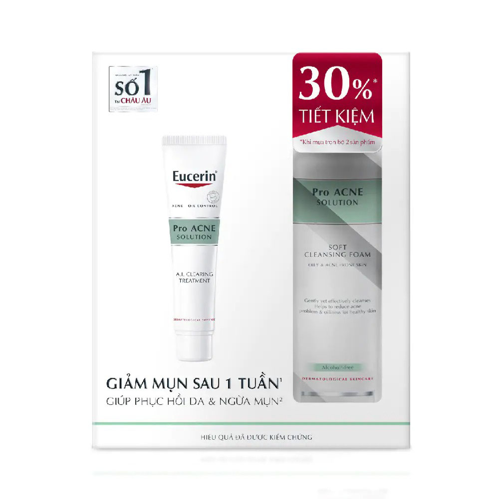 Combo Eucerin Da Mụn (Gel Giảm Mụn A.I Clearing Treatment 40ml + Sữa Rửa Mặt Tạo Bọt Pro Acne 150g)