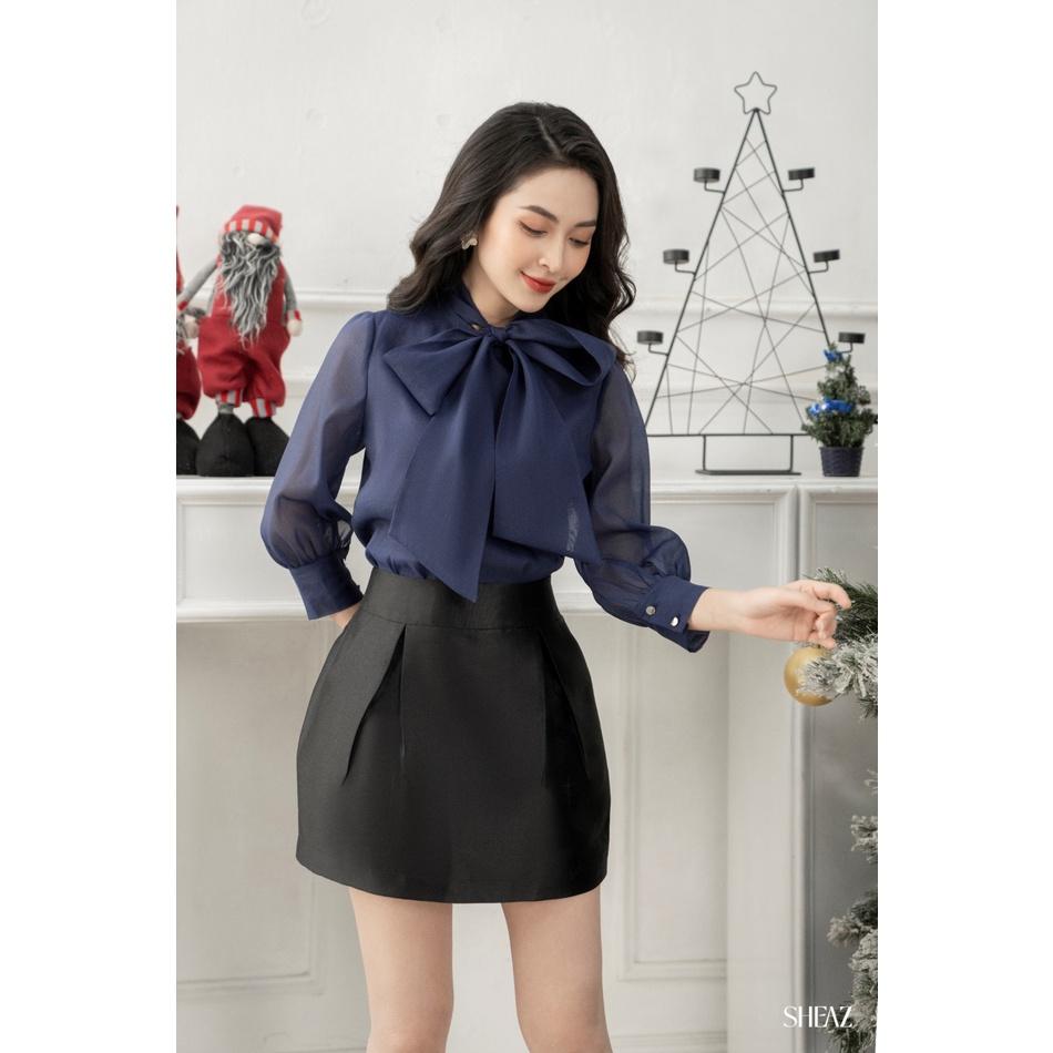 SHEAZ Áo Sơ Mi Tơ Xanh Nước Biển Cổ Nơ Tay Lỡ Phong Cách Hàn Quốc