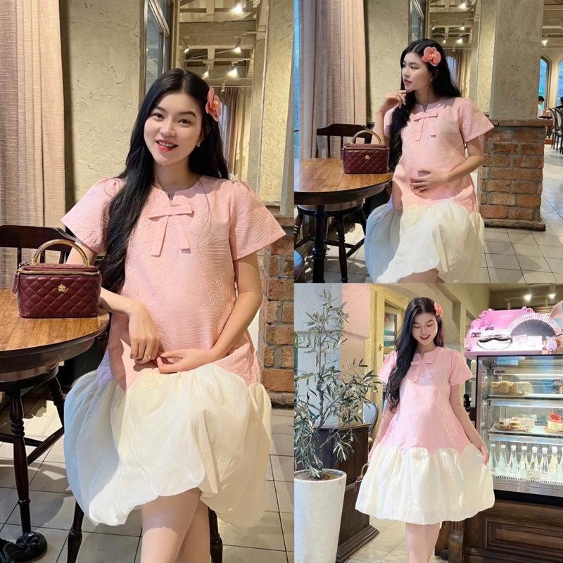 Đầm bầu tiểu thư vải gấm lụa gân 3D thanh lịch, trong trẻo cho mẹ bầu - Hồng