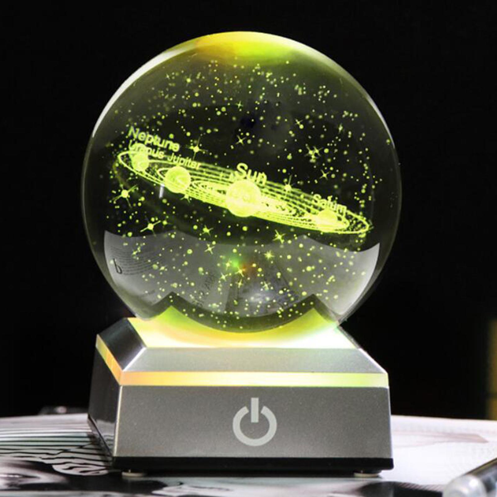 8cm Engraved Solar System Crystal Ball with a Touch Switch LED Light Base Cosmic Model 3D Miniature Planets Model Sphere Glass Globe Ornament