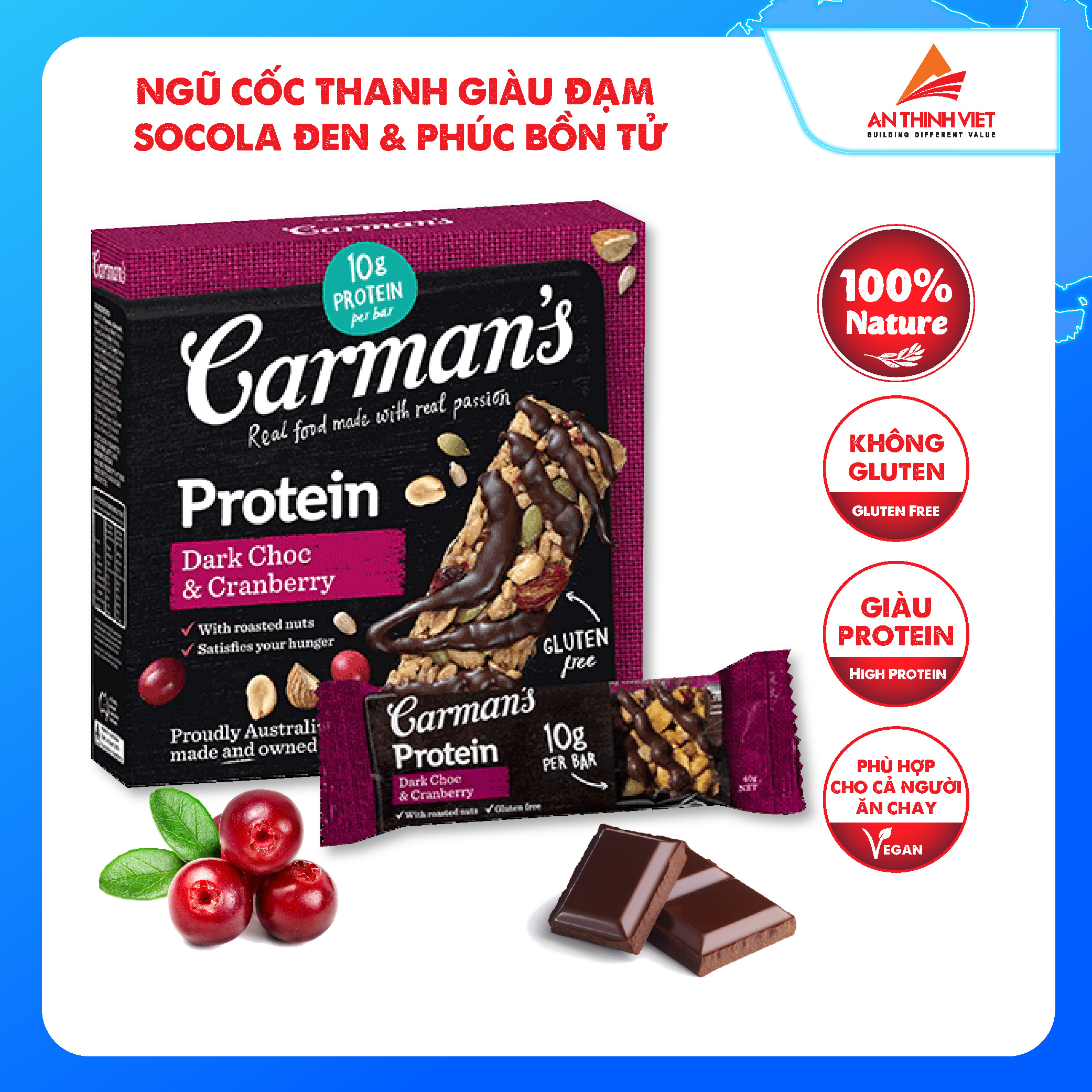 Thanh Giàu Đạm Carman's Protein Bar Dark Choc, Cranberry - 200g