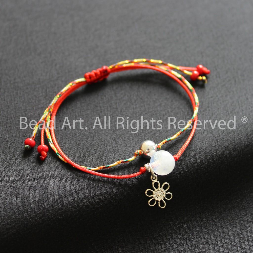 Vòng Tay Thắt Dây Đá Moonstone, Đá Mặt Trăng Tự Nhiên Ánh Cầu Vồng Và Bạc 925, Đỏ - Ngũ Sắc, Mệnh Kim, Thuỷ, Vòng Tay Phong Thuỷ - Bead Art