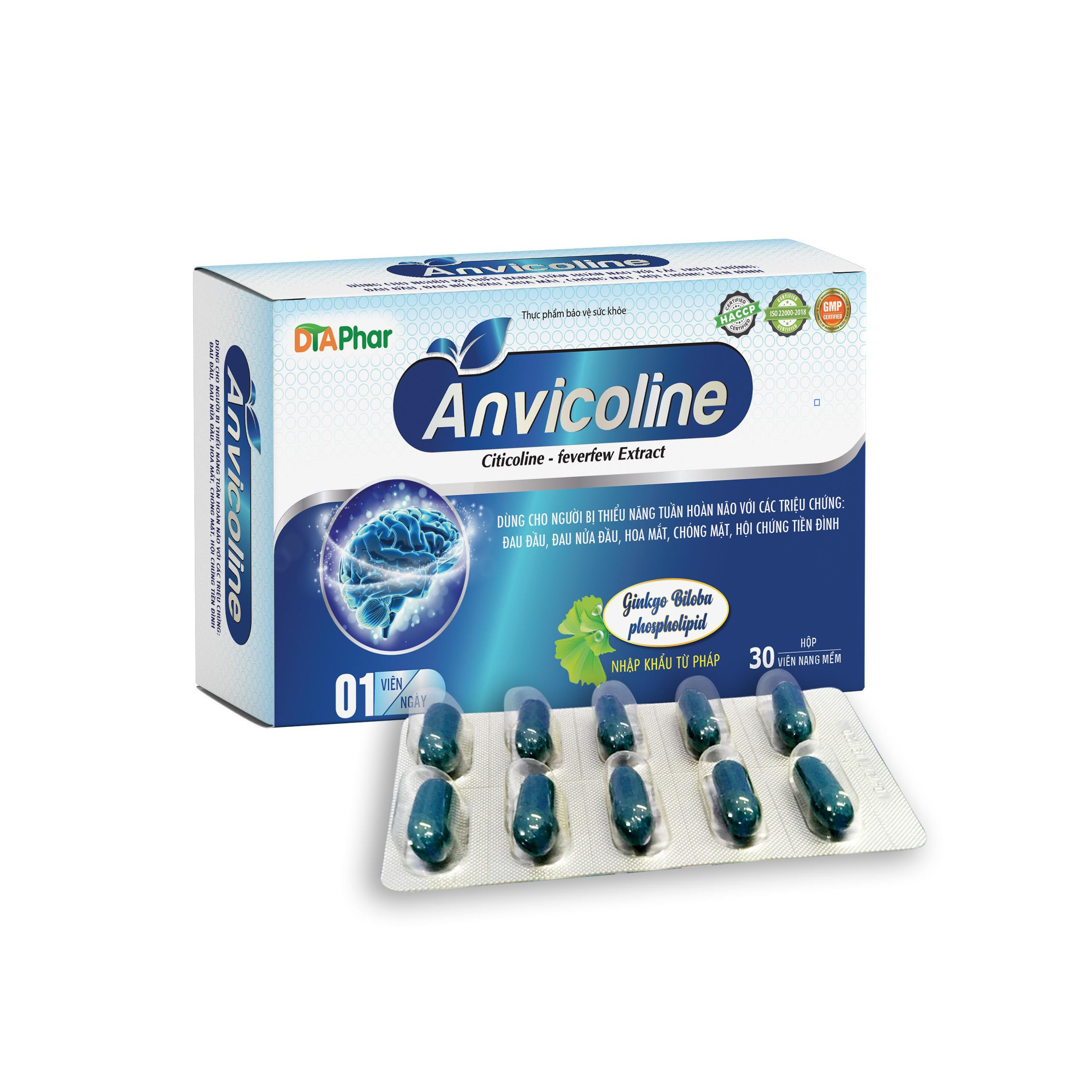 Viên uống hoạt huyết dưỡng não Anvicoline Hỗ trợ giảm hoa mắt chóng mặt đau đầu hạn chế nguy cơ di chứng sau tai biến Hộp 30 viên Tâm An Pharma