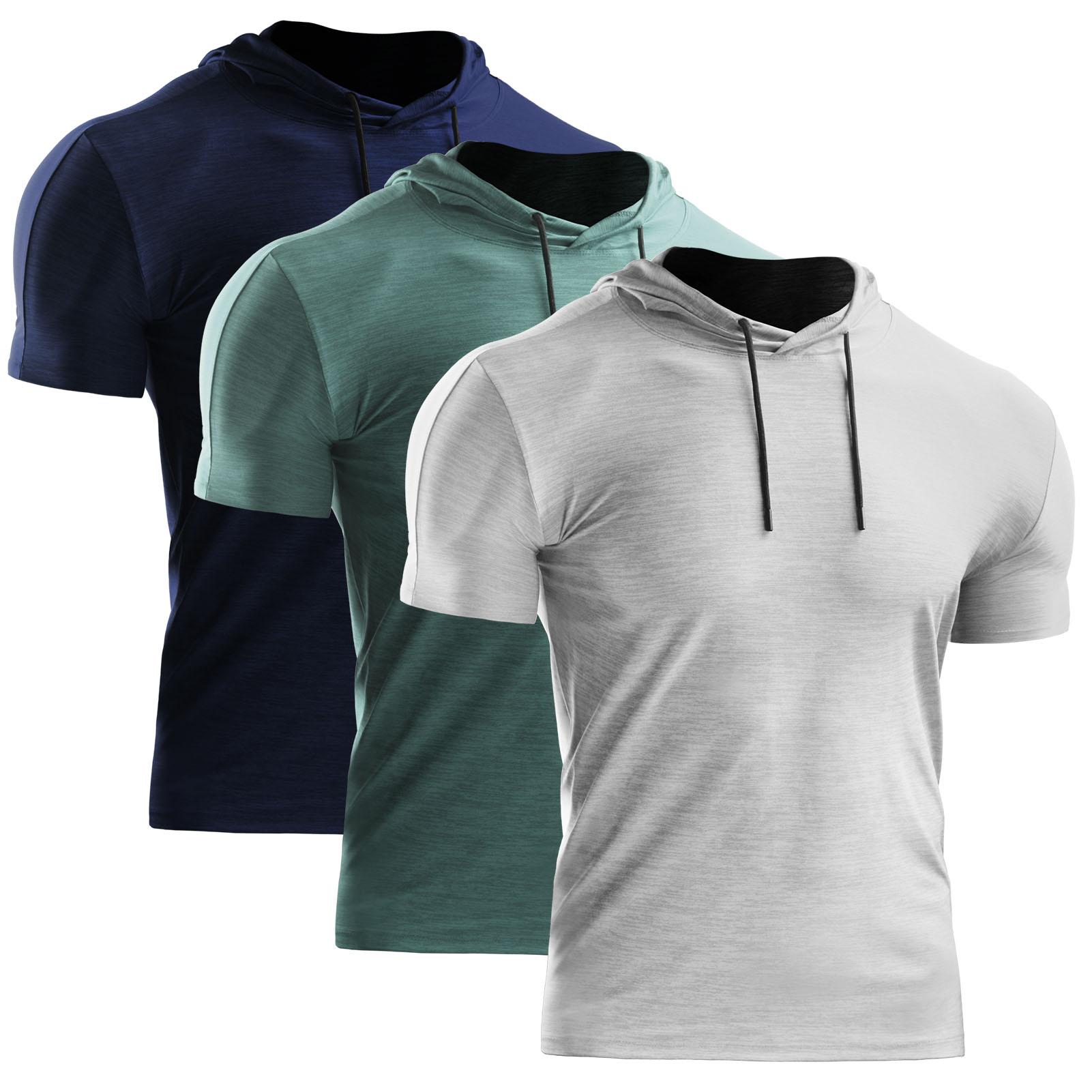 Set gồm 3 áo thun thể thao mùa hè dành cho nam giới, có mũ trùm đầu, tay ngắn, nhanh khô, thoáng khí