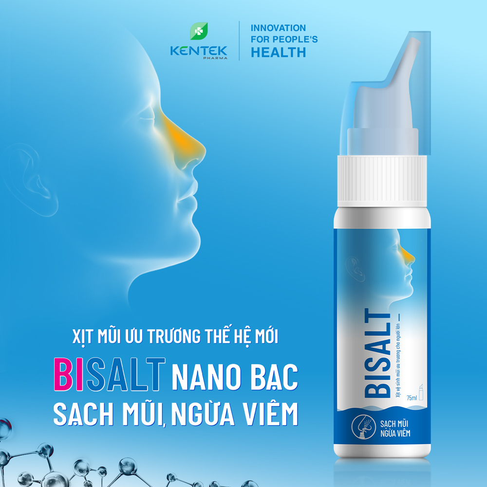 Xịt vệ sinh mũi ưu trương, dưỡng xoang dành cho người lớn BISALT NANO BẠC | Kentek Pharma | Chai 75ml