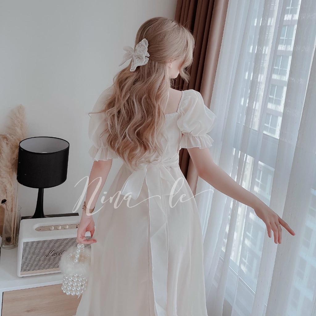 Đầm trắng xoè tiểu thư cổ vuông tay phồng xếp ly ngực