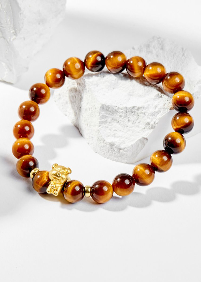 Vòng Tay Phong Thủy Đá Mắt Hổ Vàng Nâu Phối Charm Tuổi Hợi Bạc Mạ Vàng 24K  Mệnh Thổ, Kim Ngọc Quý Gemstones