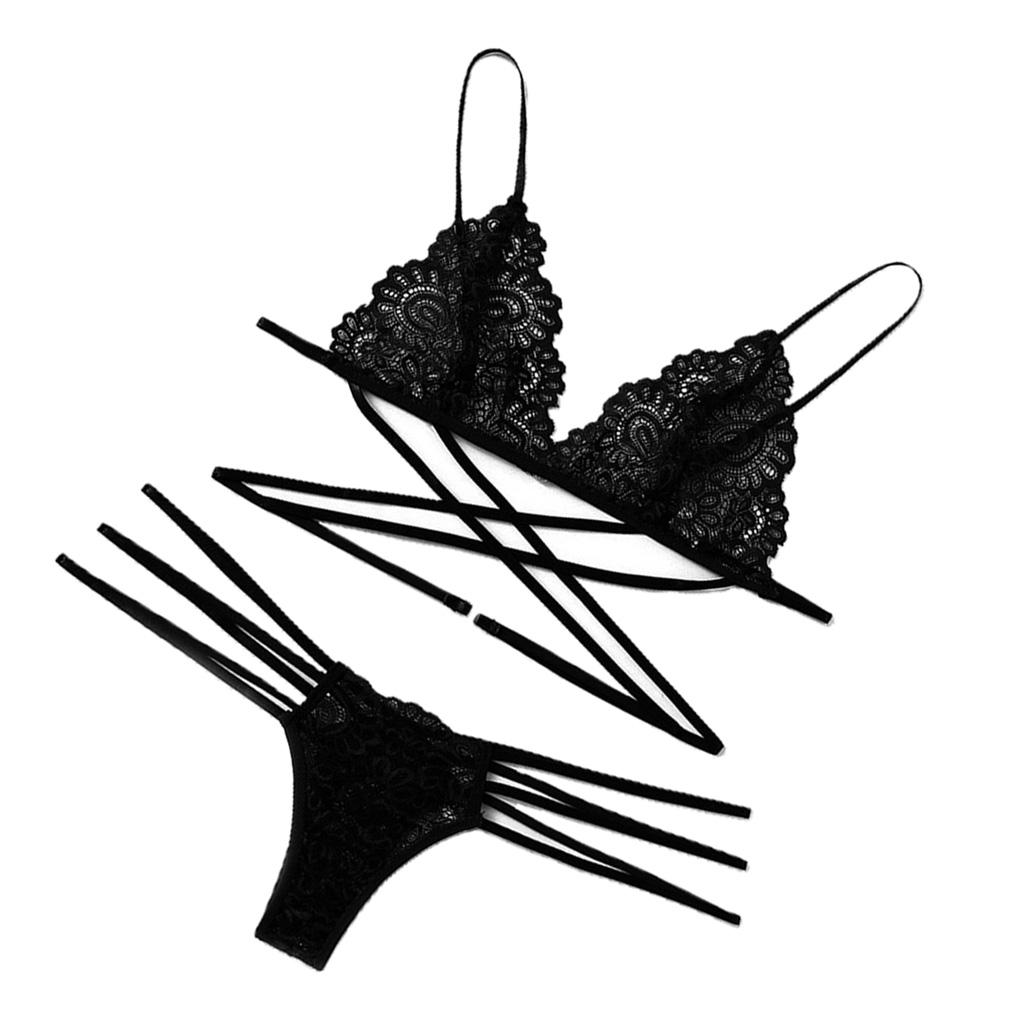 Womens 2 Piece Lace Hollow Perspective Bikini Swimsuit Beach Swimwear Set Black