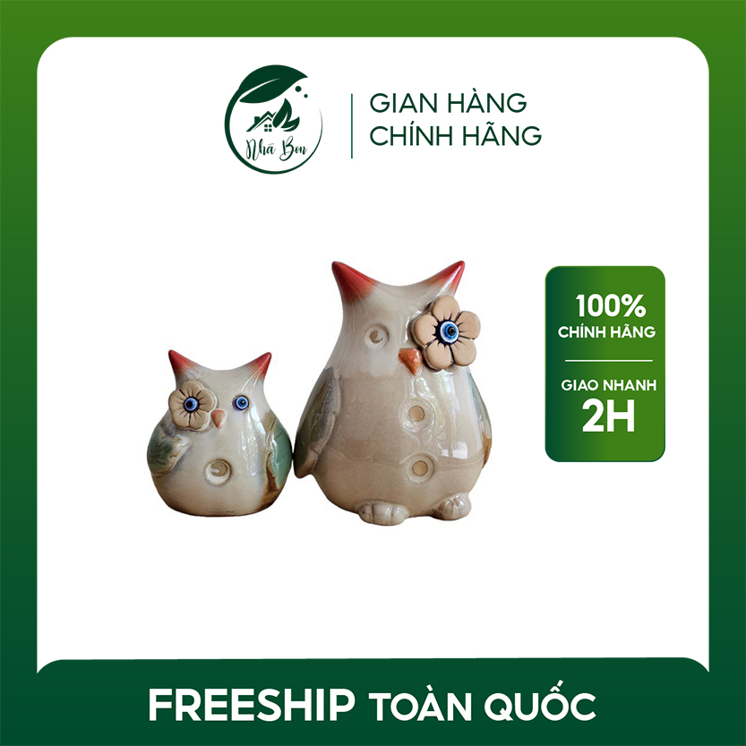 Set 2 Tượng Gốm Hình Cú mèo Lớn Và Cú Mèo Nhỏ Mắt Hoa Xinh xắn