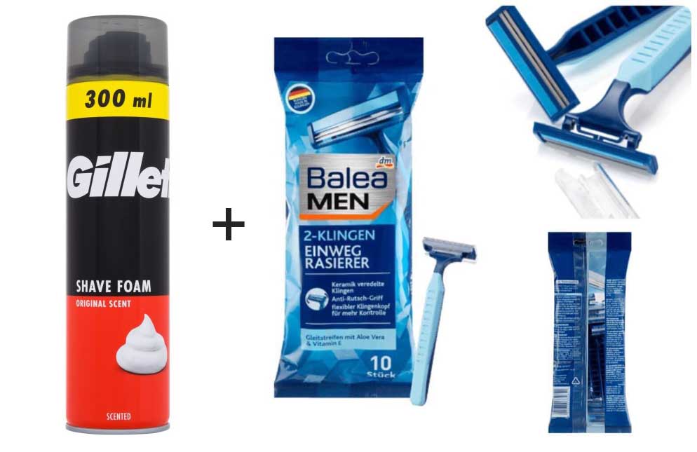 Bọt cạo râu Gillette Original 300g + Dao cạo râu Balea Men 10 cây