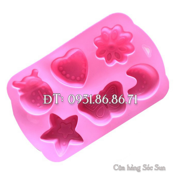 Khuôn silicon 6 hình trăng, sao, bươm bướm, cánh cam, trái tim – Mã số 1266
