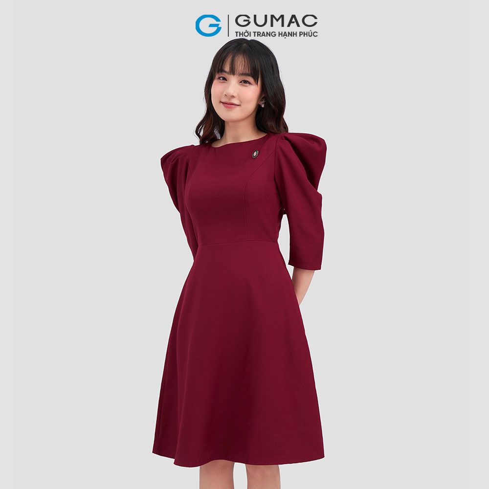 Đầm xòe GUMAC DC12008 cổ thuyền tay nhún sang trọng