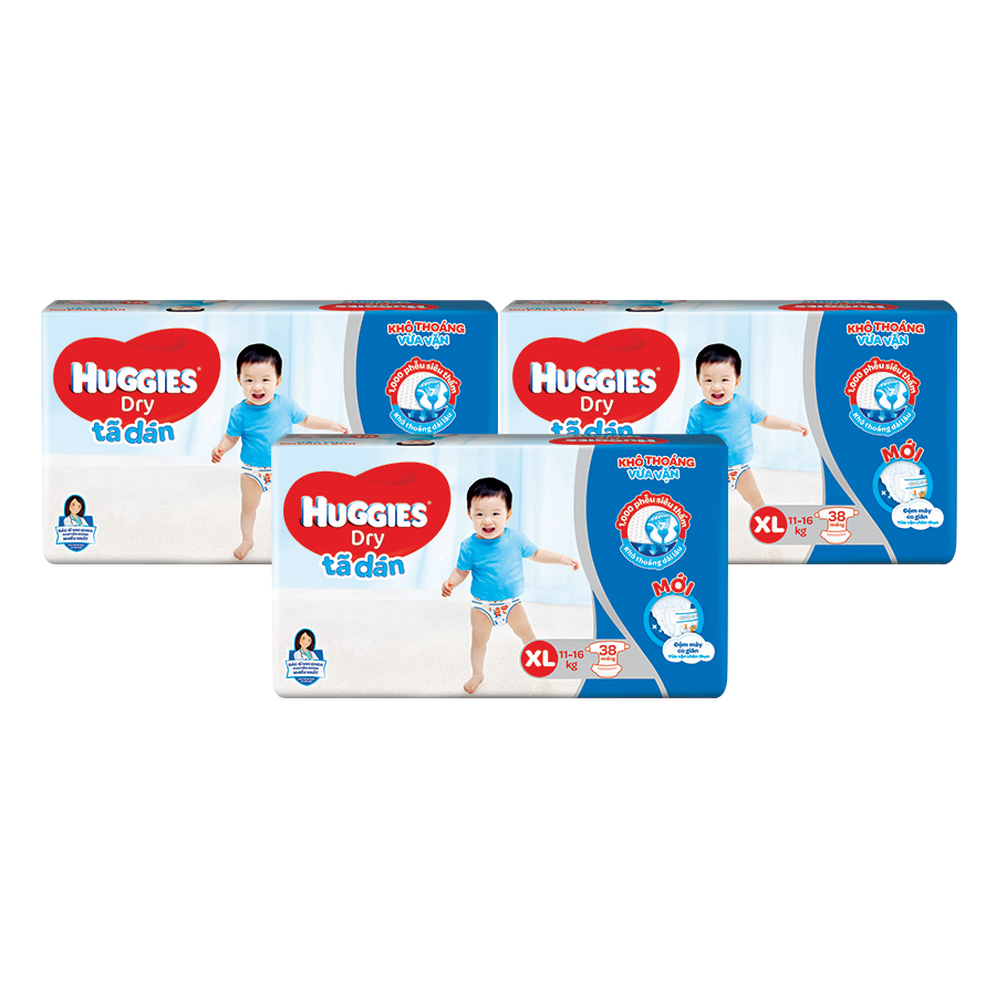 Combo 3 Gói Tã Dán Huggies Dry Gói Đại XL38 (38 Miếng) - Bao Bì Mới