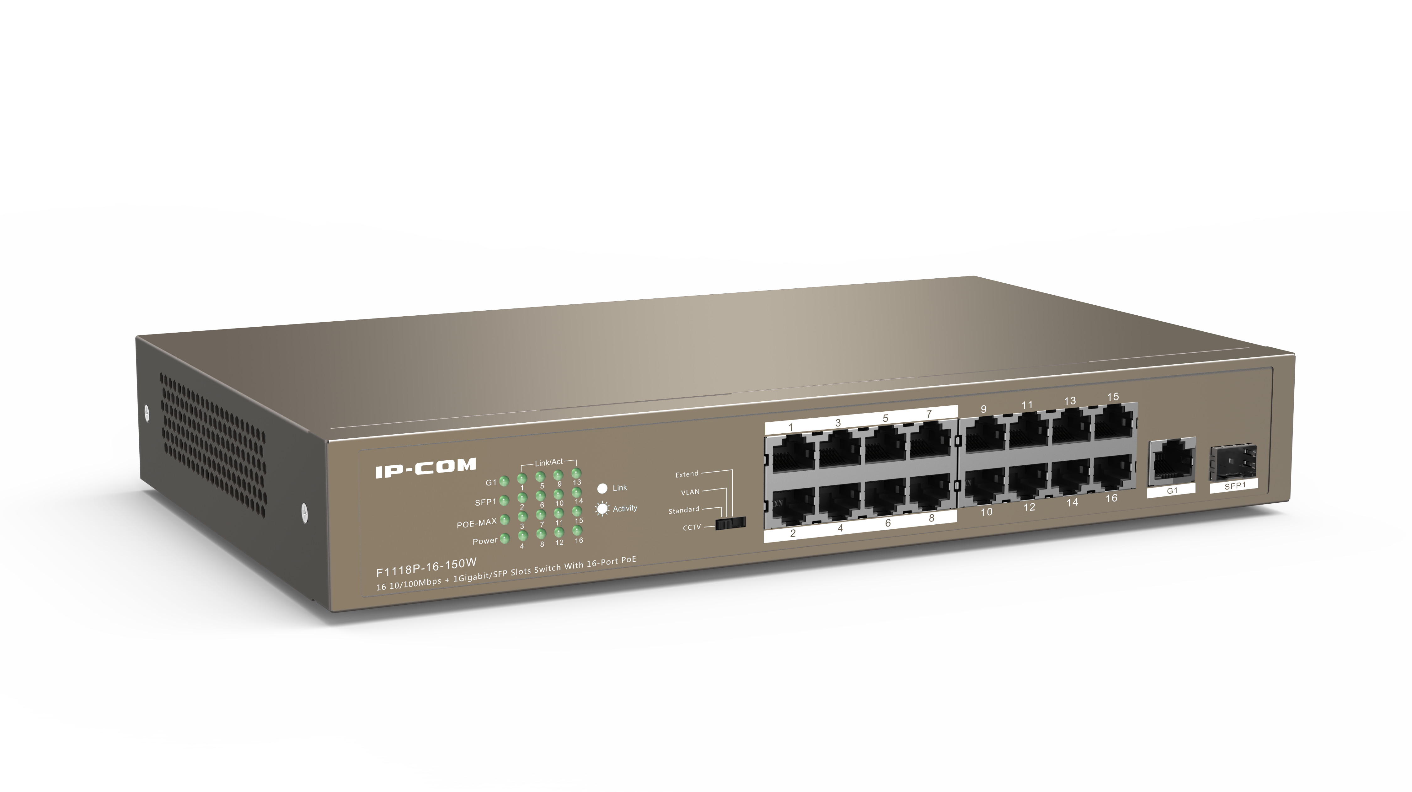 Switch 16 port PoE 10/100 Mbps IP-COM F1118P 150W, Comb 1 cổng SFP+ 1 cổng Uplink Gigabit - Hàng chính hãng