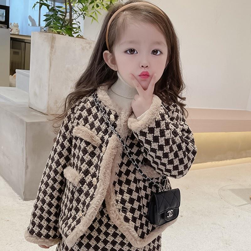 Bộ Váy Áo Dạ Thu Đông Hàn Quốc Cao Cấp Cho Bé Gái