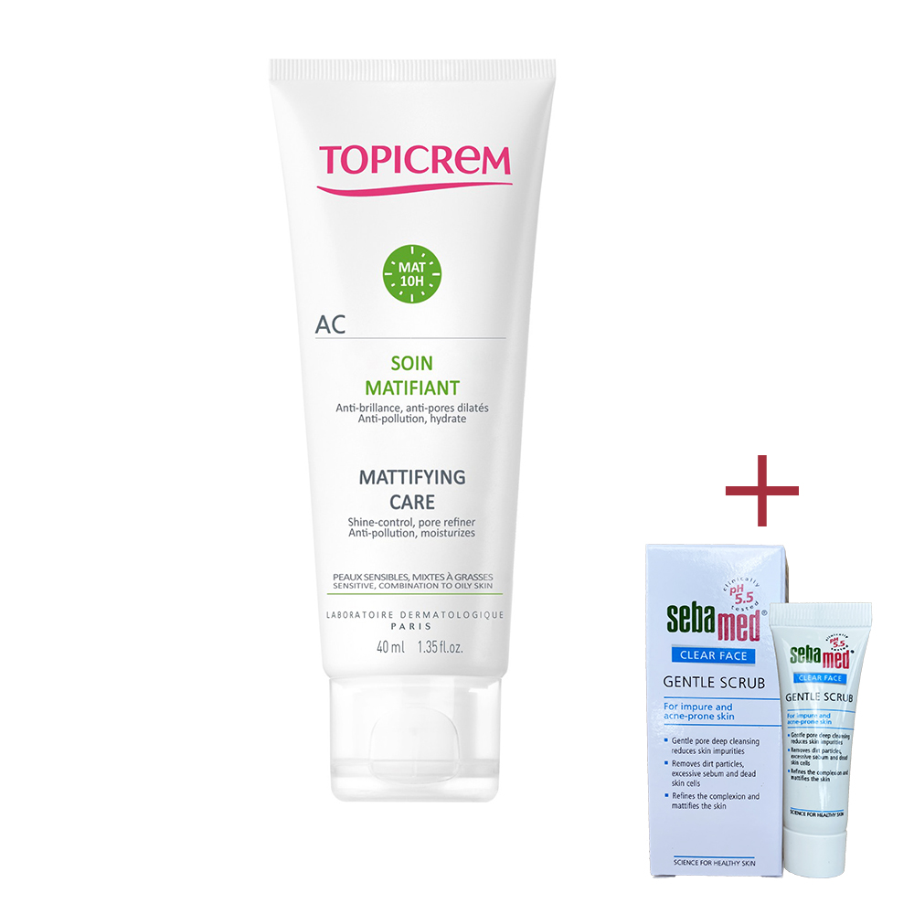 [Quà] Kem dưỡng giữ ẩm, giảm bóng nhờn cho da mụn Topicrem AC MATTIFYING CARE 40ml + tặng tẩy tế bào chết Sebamed 10ml