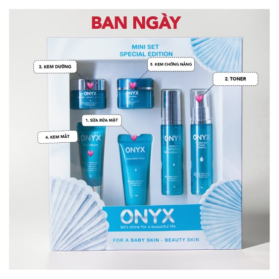 Trọn Bộ 6 Món Dưỡng Da ONYX Mini, Sữa Rửa Mặt, Nước Hoa Hồng, Serum, Kem Dưỡng, Kem Chống Nắng, Kem Dưỡng Da Mắt, Dưỡng Ẩm Làm Sáng, Ngăn Ngừa Lão Hóa Và Bảo Vệ Da 46ml