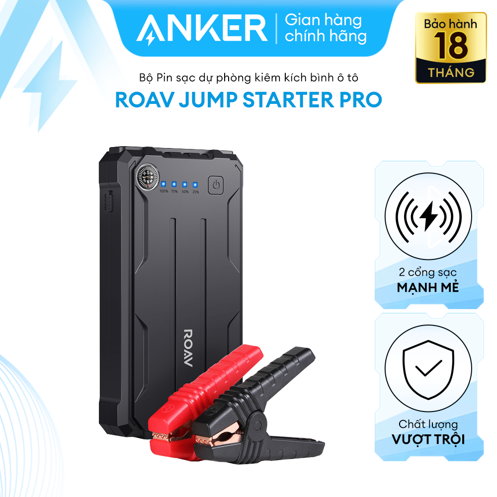 Bộ sạc dự phòng kiêm kích ắc quy ô tô ROAV Jump Starter Pro 8000mAh 12V/800A (by ANKER) - R3120 - Sử dụng để kích ắc quy 15 lần sau mỗi lần sạc đầy sử dụng cho động cơ xăng dưới 6L và diesel dưới 4L