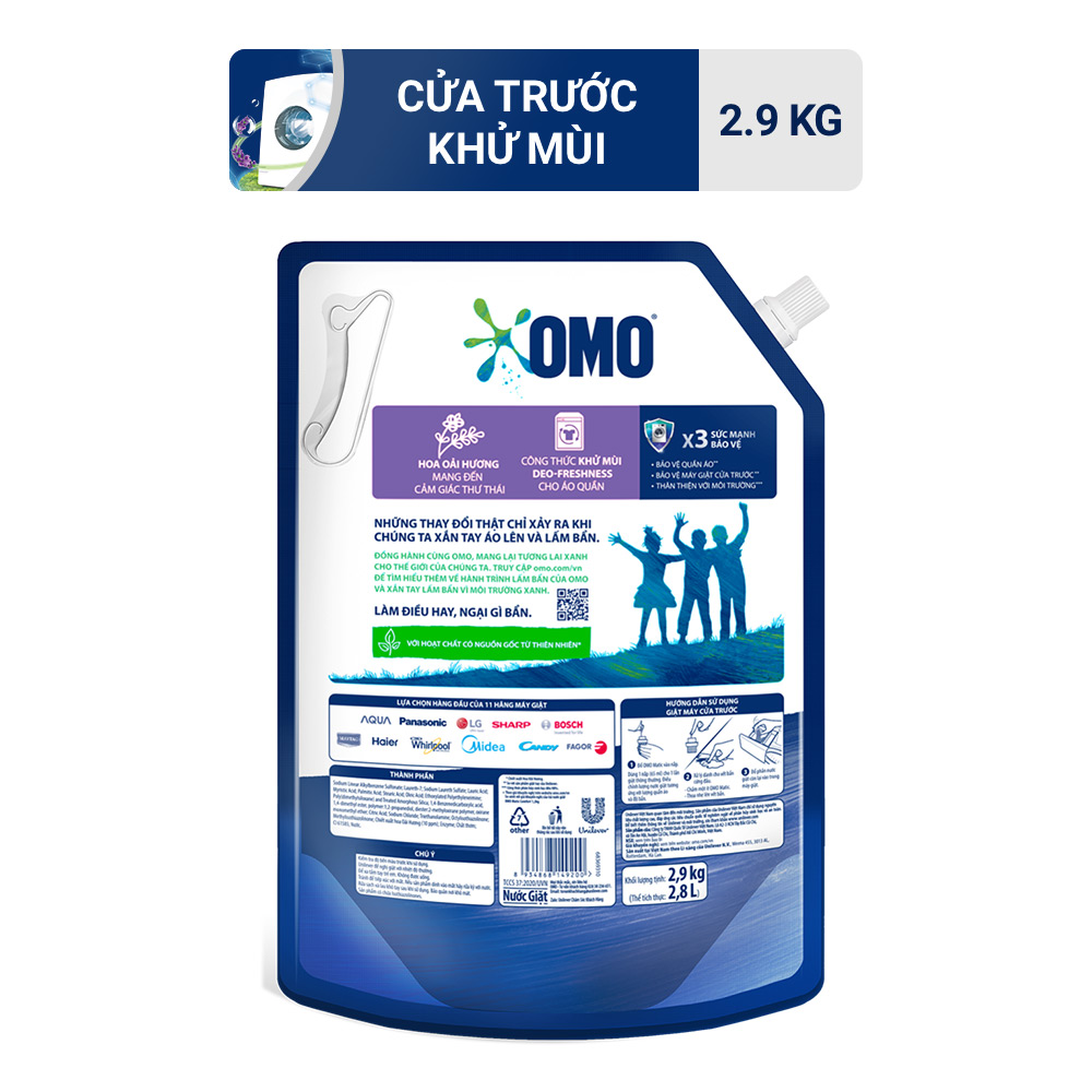 Túi Nước Giặt Omo Matic Cho Máy Giặt Cửa Trước Hương Lavender Khử MùI Thư TháI 2.8Kg