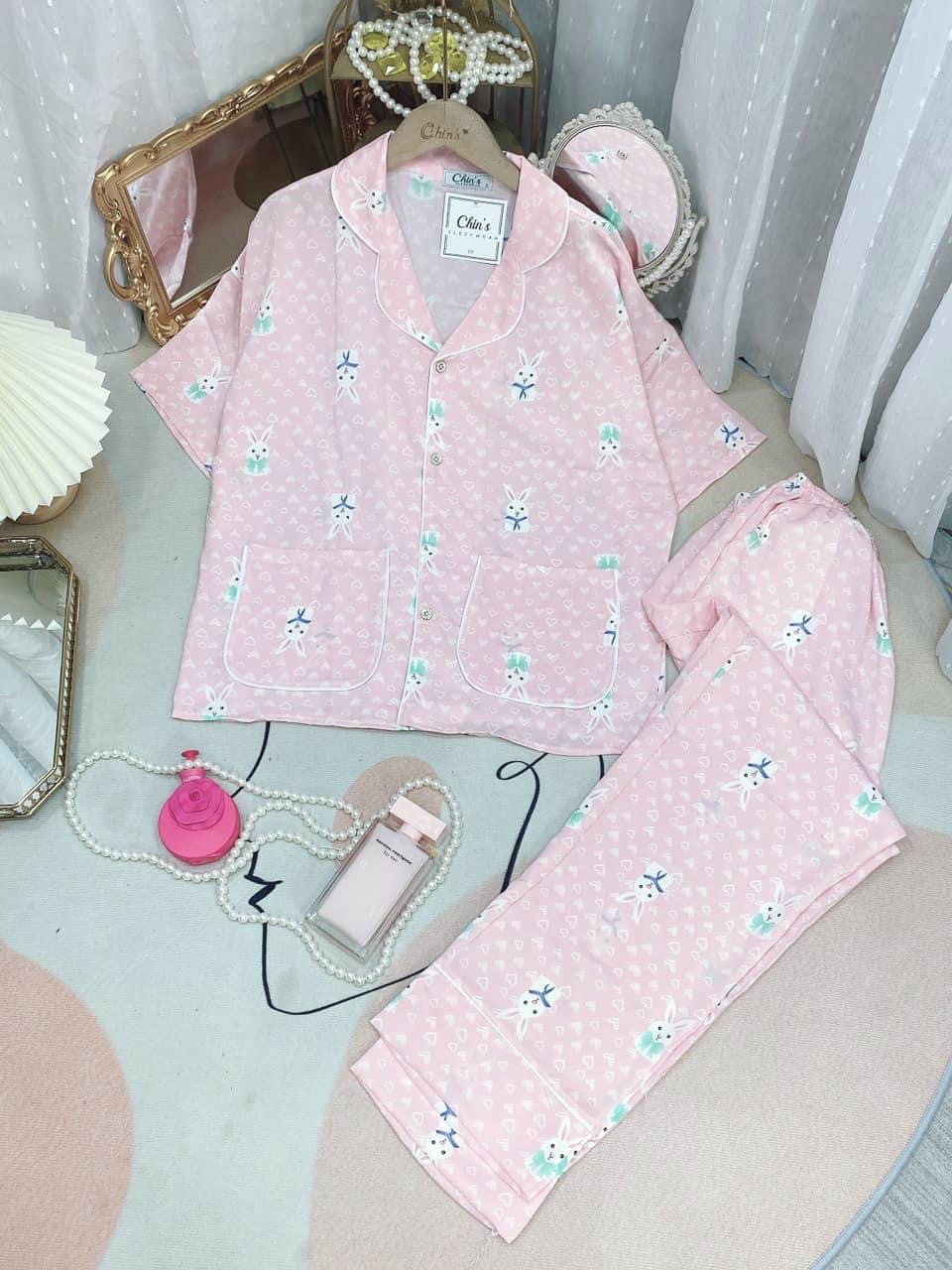 Bộ Pijama Lụa Cánh Dơi Thỏ Trắng size dưới 58kg