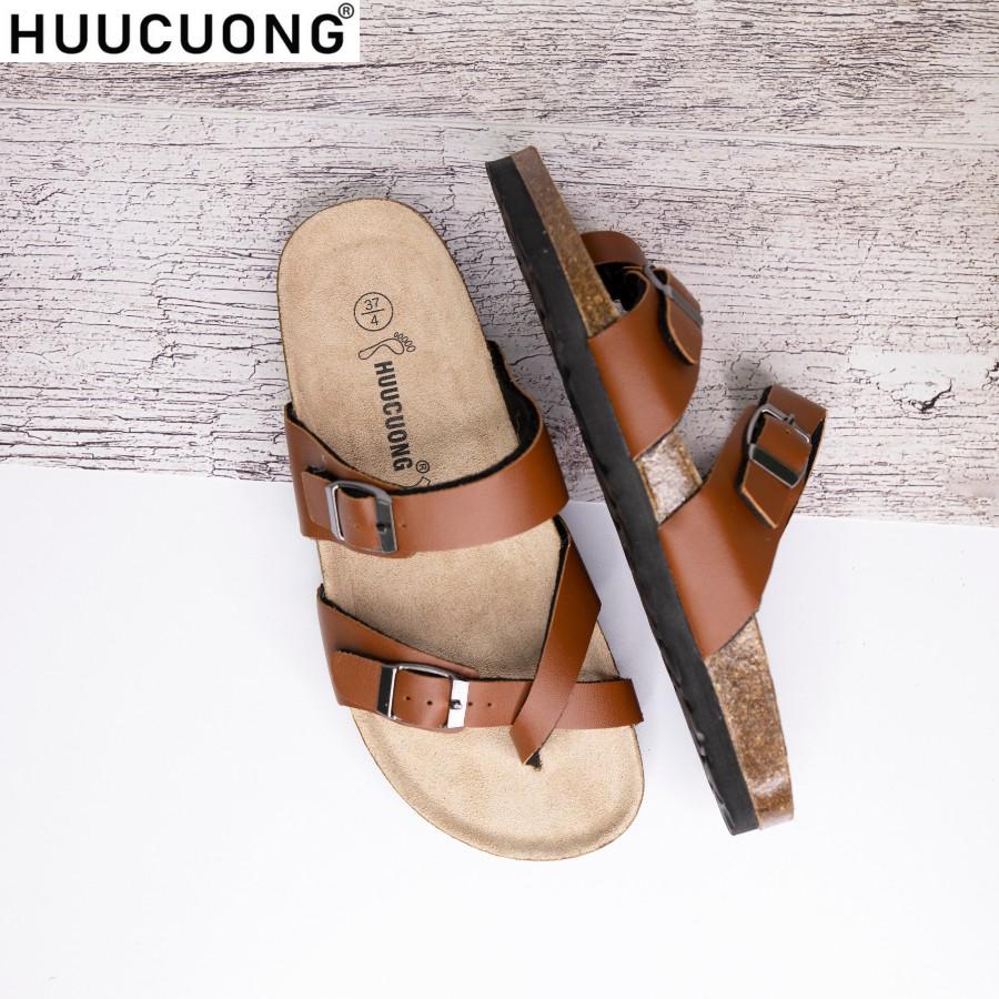 Dép unisex HuuCuong xỏ ngón pu nâu đế trấu handmade