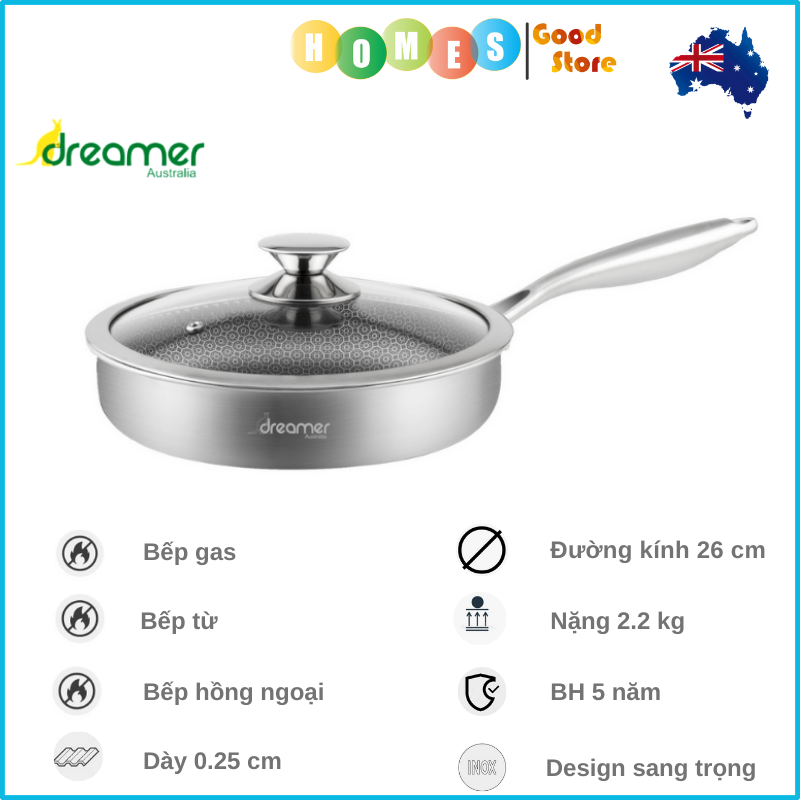 Cháo Chống Dính Đáy Từ DREAMER DKW-NFL126B Đường Kính 26 Cm Dày 0.35 Cm Cao Cấp Thương Hiệu Úc Tiêu Chuẩn Châu Âu - Hàng Chính Hãng