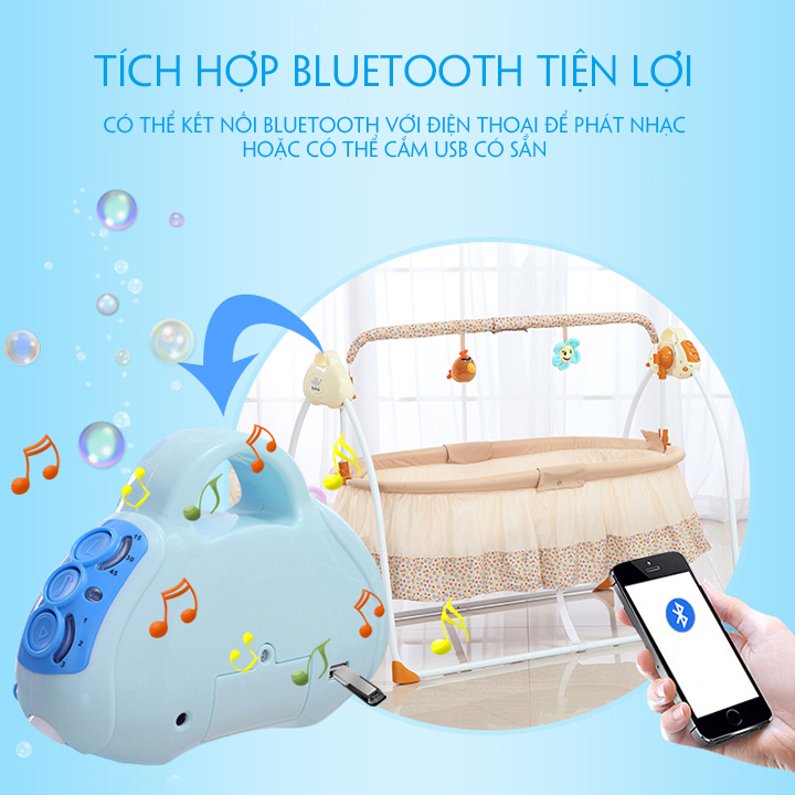 Nôi điện rung cho em bé sơ sinh Kawaii Home, Có điều khiển Bluetooth phát nhạc