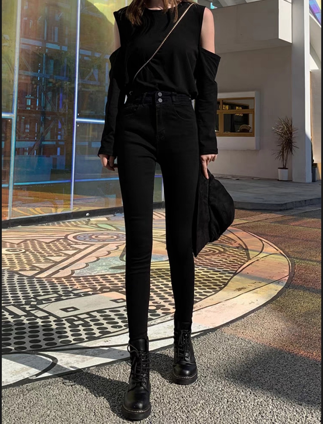 Quần jean dài nữ lưng siêu cao 2 nút màu đen có size đại