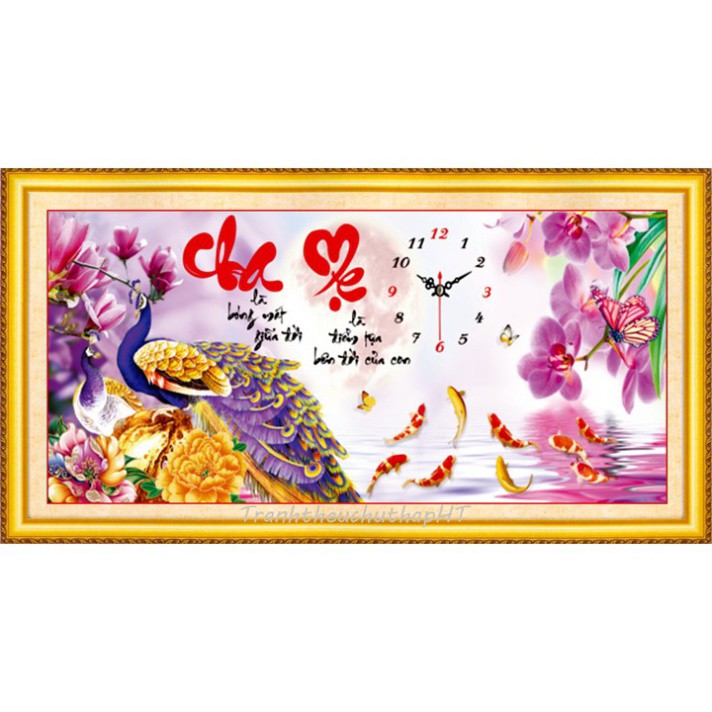 Tranh thêu chữ thập đồng hồ chim công LV3055 - 91 x 43 cm - chưa thêu