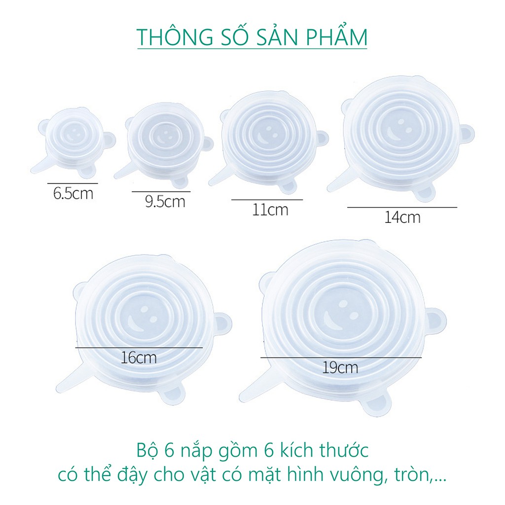 Bộ 6 Miếng Bọc Thực Phẩm Silicone, Nắp Đậy Màng Silicon Bảo Quản Thức Ăn Dày Dặn Độ Co Giãn Tốt S6N