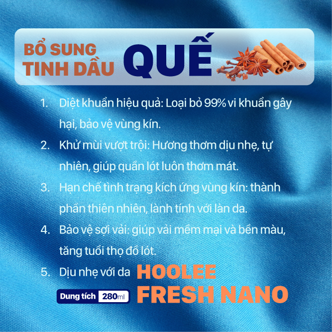 [Mua 1 Tặng 2] Nước giặt đồ lót Sinh học thế hệ mới HooLee Fresh Nano (280ml) Nano bạc, Tinh dầu quế Giúp kháng khuẩn, Hạn chế kích ứng, Làm sạch vết bẩn chuyên sâu, Tăng tuổi thọ đồ lót - HLive1+2