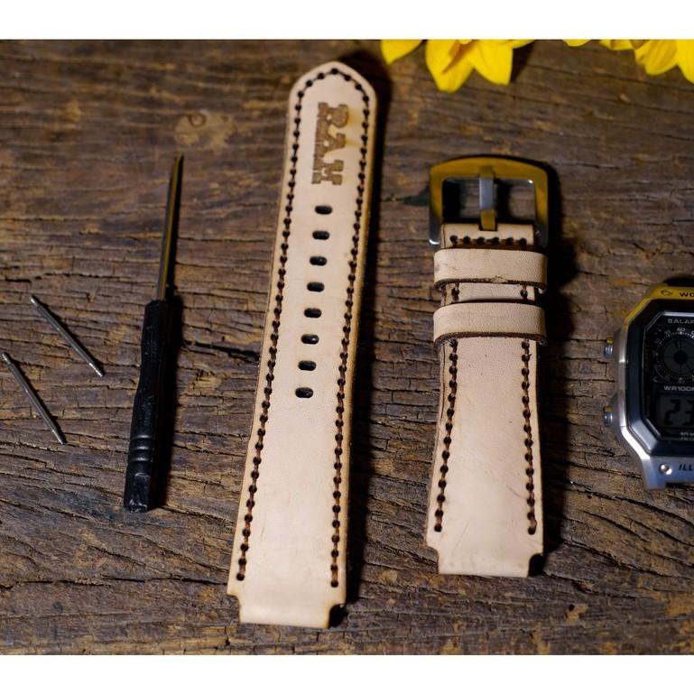 Dây đồng hồ RAM Leather cho casio ae1200 da bò thật - RAM 1970 vegtan trắng (tặng đầy đủ khóa, chốt, cây thay dây)