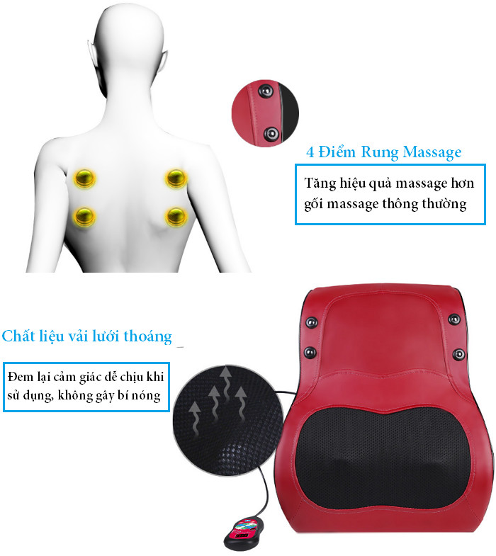 Gối Massage, Gối mát xa 16 Bi Hồng Ngoại Công Nghệ Nhật Bản Đảo Chiều , Có Điều Khiển Cầm Tay Kèm Đầu Cắm Sạc Trên Ô Tô