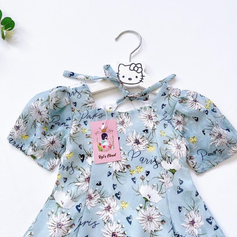 Váy Mẹ - Bé Tơ Lụa Hoa Xanh Bé Gái 4 Đến 28kg, Đầm Bé Gái Chất Tơ Lụa Nổi 2 Lớp