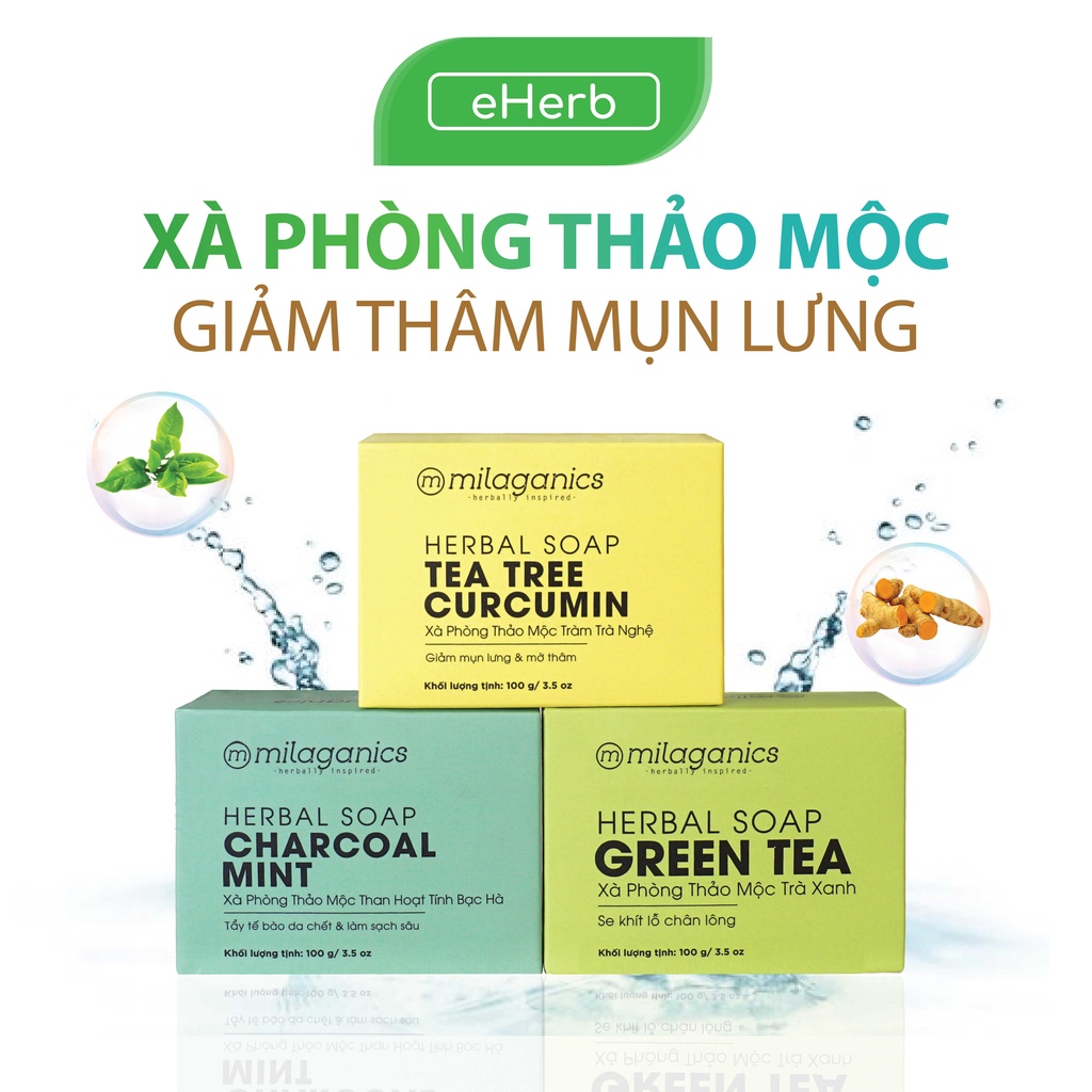 Xà Phòng Tắm Thảo Mộc MILAGANICS Giảm Mụn Lưng, Trắng Da, Mờ Thâm (Tràm Nghệ, Than Tre, Trà Xanh) MILAGANICS 100gr (Hộp) - Quà tặng kèm Bông tạo bọt