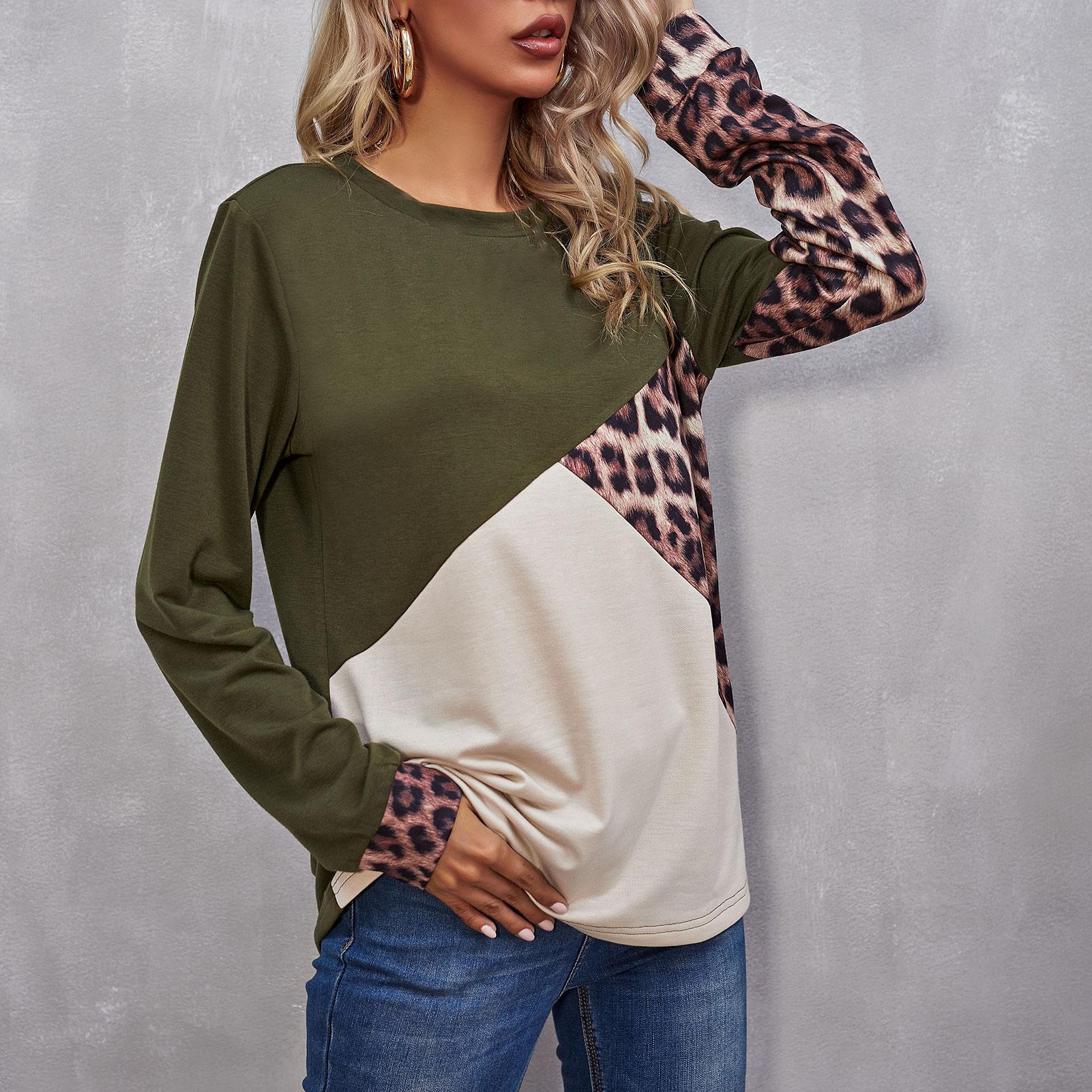 Women Long Sleeve T-shirt Leopard Splicing O Neck Sweatshirt Casual Tops