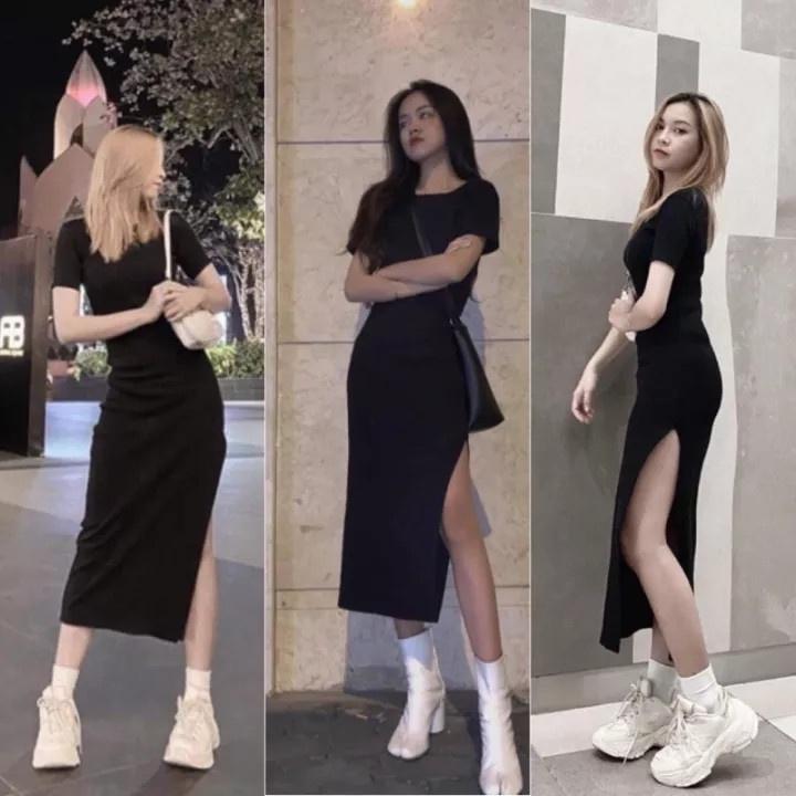 Váy Body Đen Dáng Dài Xẻ Tà, Đầm Body Nữ