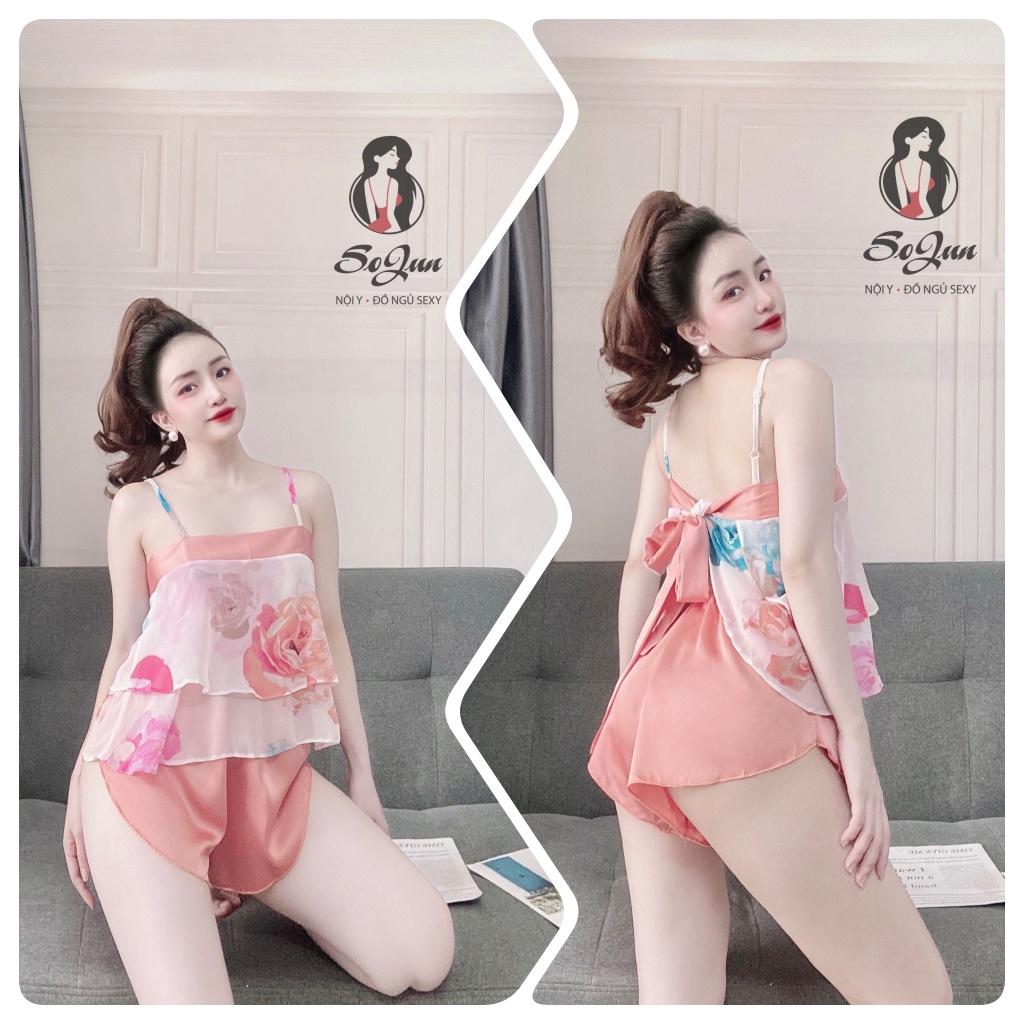 Đồ ngủ sexy nữ Free ship Bộ đùi cột dây sau quần satin phối voan 40&lt;65kg