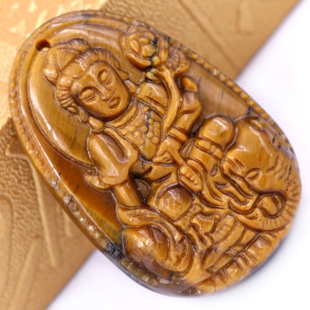 Mặt Phật Phổ hiền đá mắt hổ 3.6 cm kèm móc và vòng cổ dây cao su nâu, Mặt Phật bản mệnh