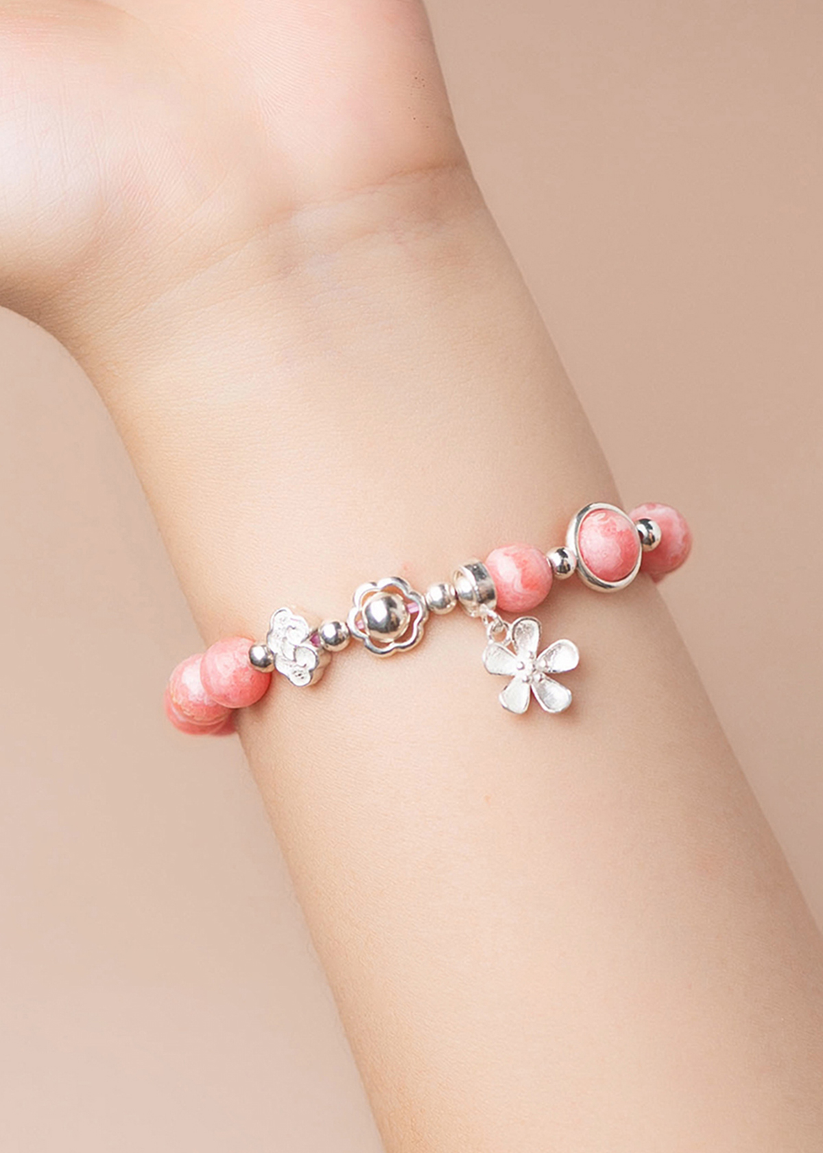 Vòng tay đá Rhodochrosite phối charm hoa mệnh hỏa, thổ - Ngọc Quý Gemstones