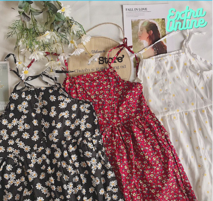 Váy Hai Dây Hoa Nhí Hình Cúc Họa Mi Vintage - Đầm Hai Dây Buộc Nơ Tiểu Thư (FREESIZE cho nữ dưới 60kg)