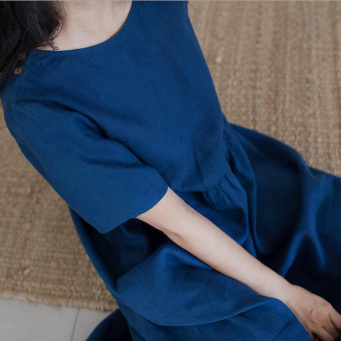 Đầm trơn basic dáng suông bigsize, Đầm suông đũi cổ tròn ngắn tay, chất đũi mềm mát Đũi Việt