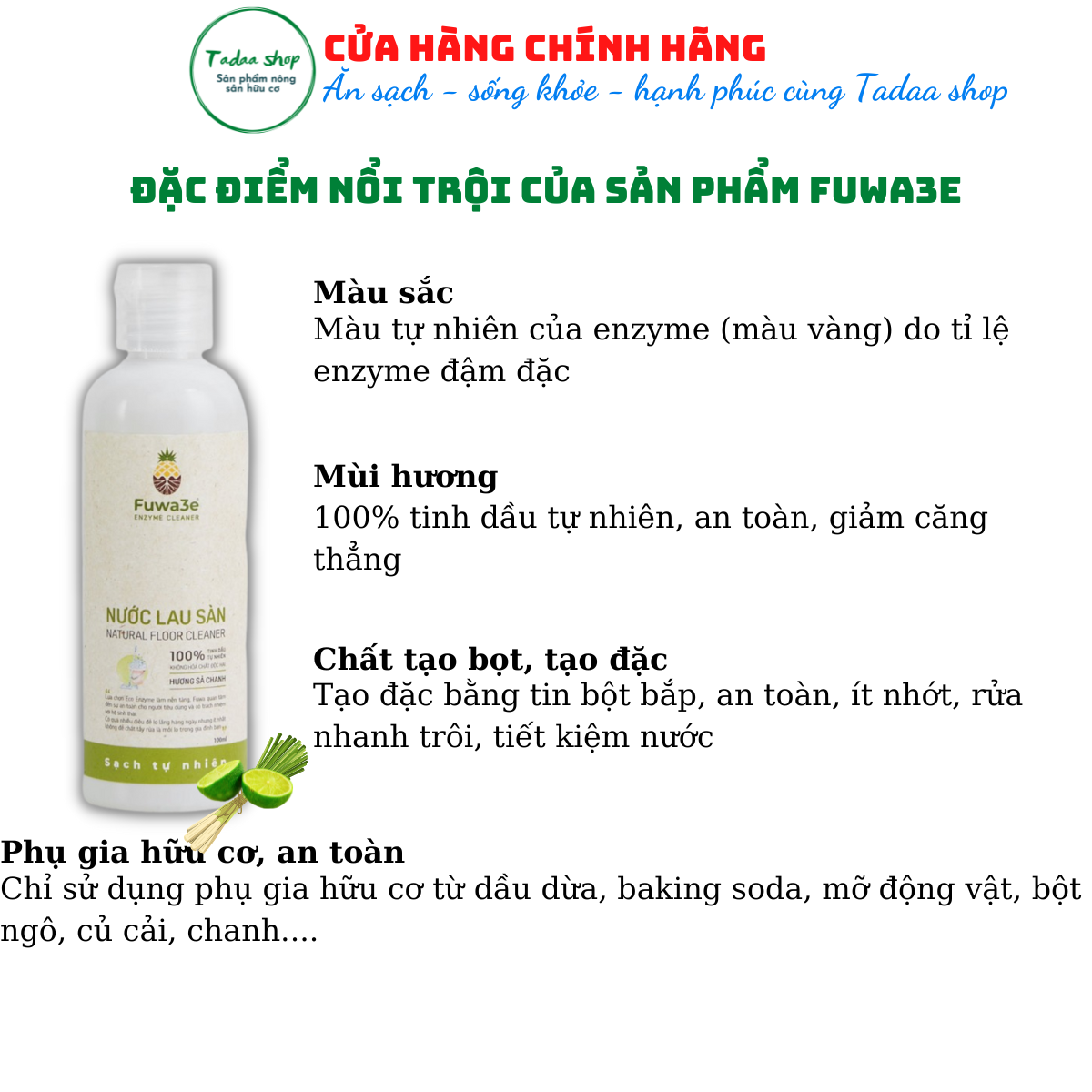 Nước lau sàn Enzyme sinh học Fuwa3e hương sả chanh chai 100ml