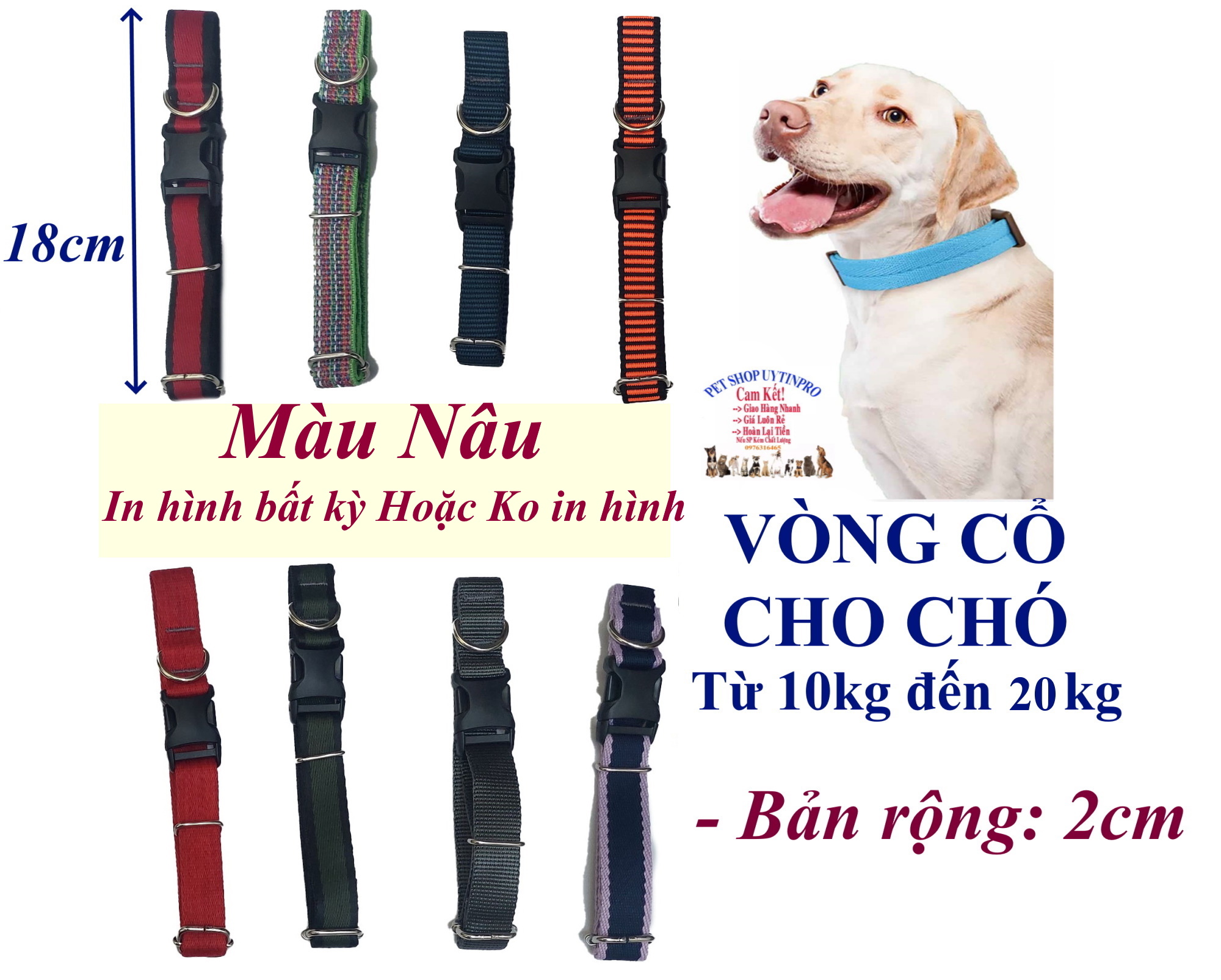 Vòng cổ cho Chó từ 10kg đến 20kg Bản rộng 2cm Chất liệu dù cao cấp, Chắc chắn, An toàn cho thú cưng