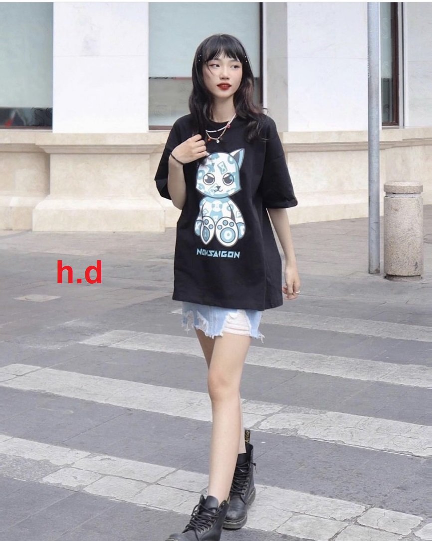 Áo thun nữ unisex dáng thụng năng động hình mèo đáng yêu